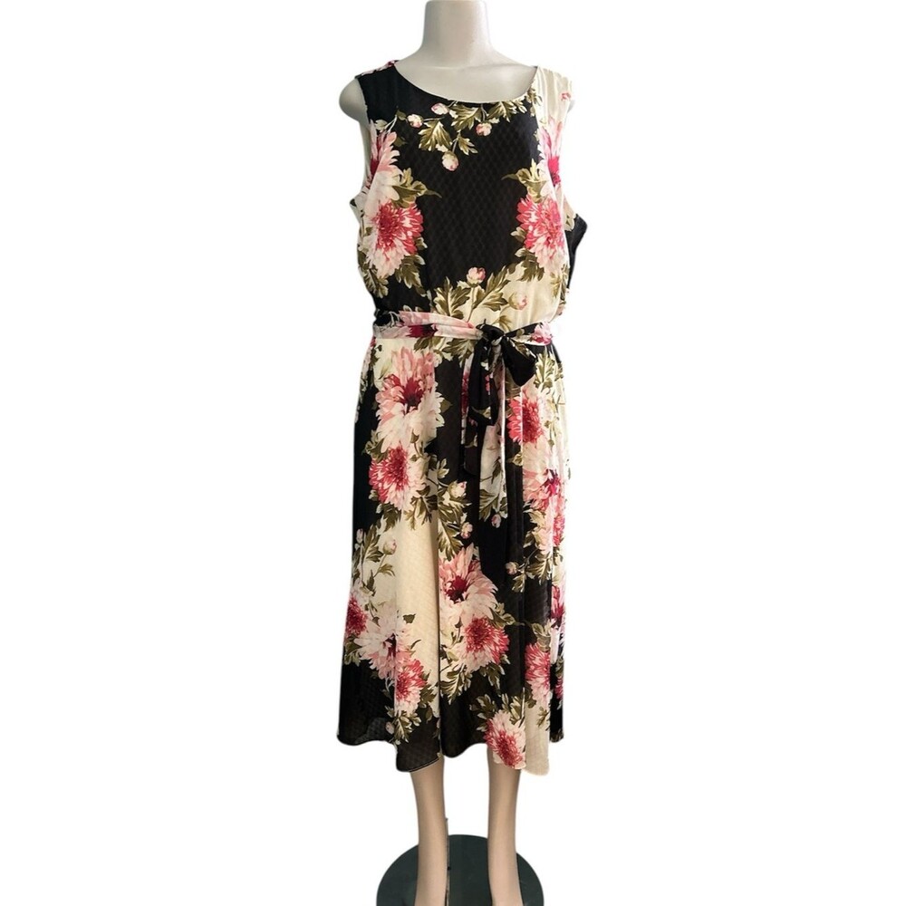 Perceptions Black & Cream Floral Tie-Waist Midi Dress Plus Size 18